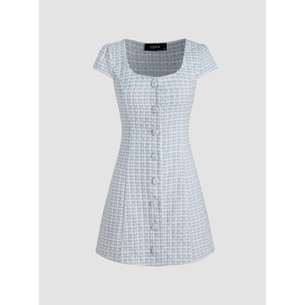 Cider Light Blue Checkered Mini Dress